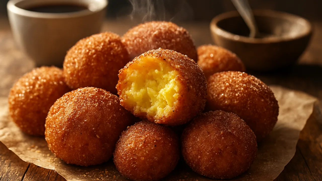 Vários bolinhos de fubá para fritar dourados e sequinhos com casquinha crocante e interior macio visível em um bolinho cortado, servidos sobre papel vegetal em mesa rústica ao lado de uma xícara de café — Bolinhos de fubá douradinhos: o truque para não encharcar