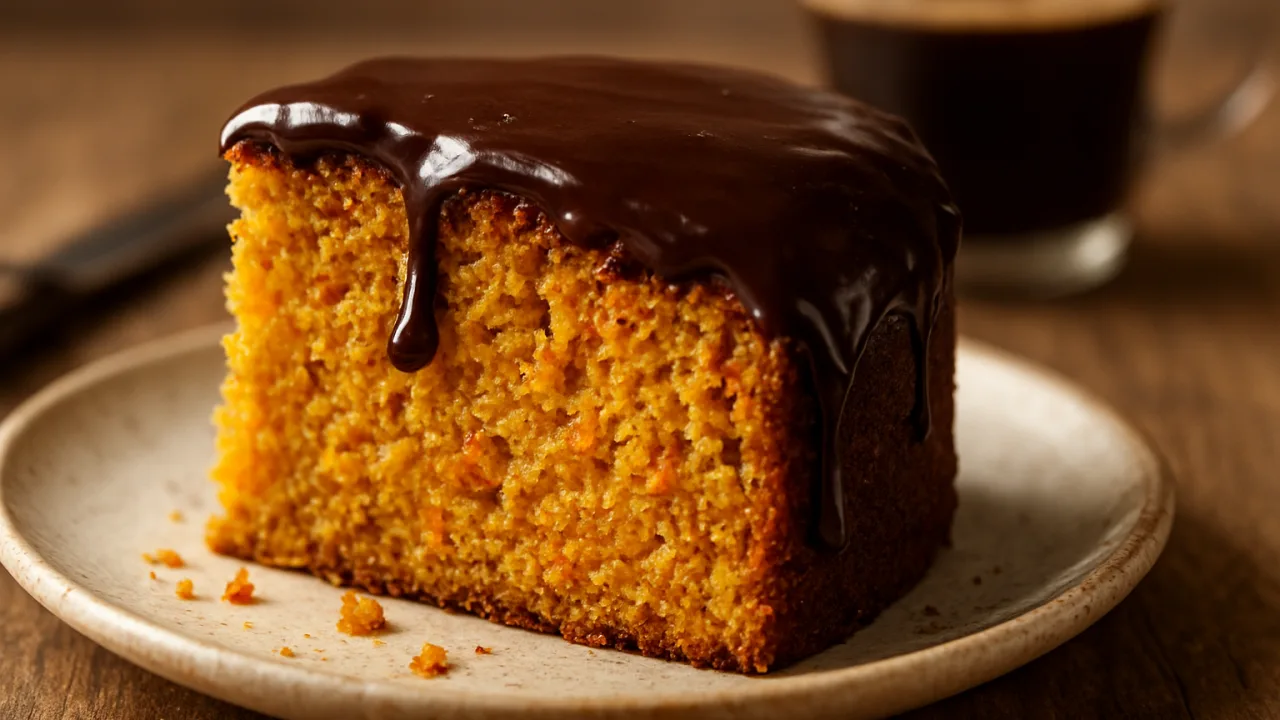 Close-up de uma fatia de bolo de cenoura fofinho de liquidificador com cobertura de chocolate brilhante formando casquinha fina e crocante, miolo amarelo úmido e aerado, servida em prato sobre mesa de madeira.