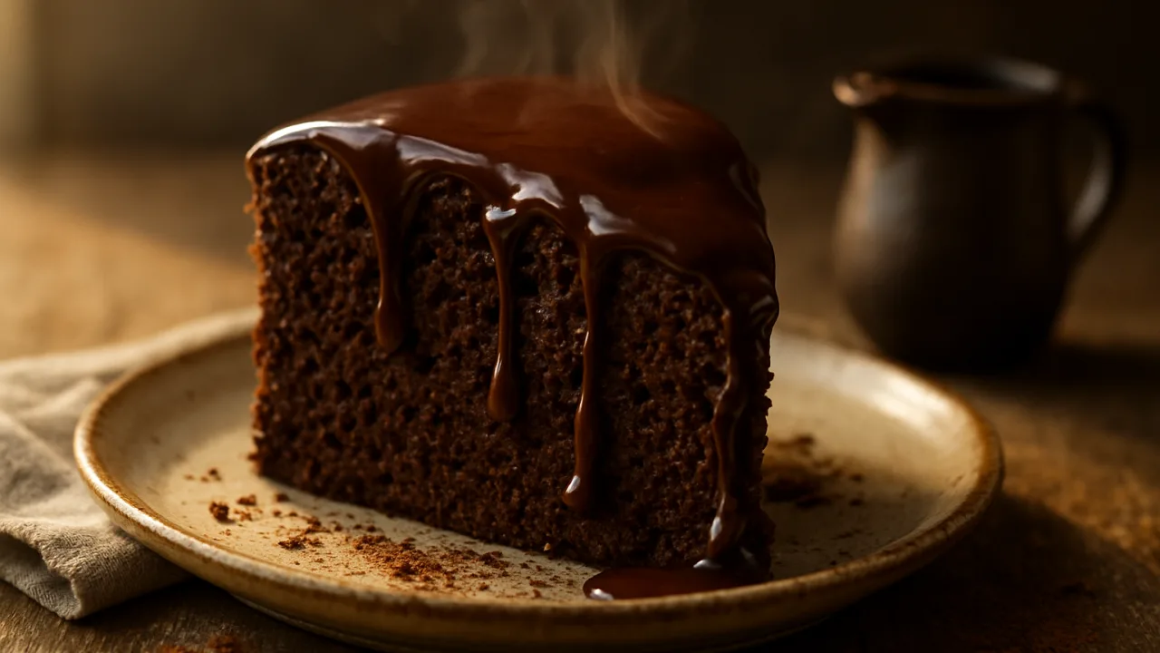 Close-up de uma fatia de bolo de chocolate de liquidificador fofinho com calda de chocolate brilhante escorrendo e penetrando nos furinhos da massa aerada, servida em prato rústico sobre mesa de madeira — Bolo de chocolate de liquidificador fofinho