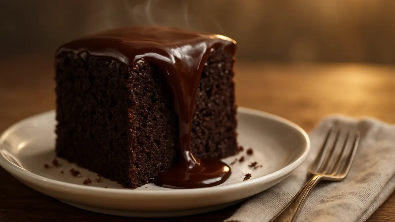 Close-up de uma fatia de bolo de chocolate fofinho e úmido com cobertura de chocolate brilhante escorrendo pelo corte, miolo escuro e poroso visível, servida em prato sobre mesa de madeira - Bolo de chocolate fofinho e úmido