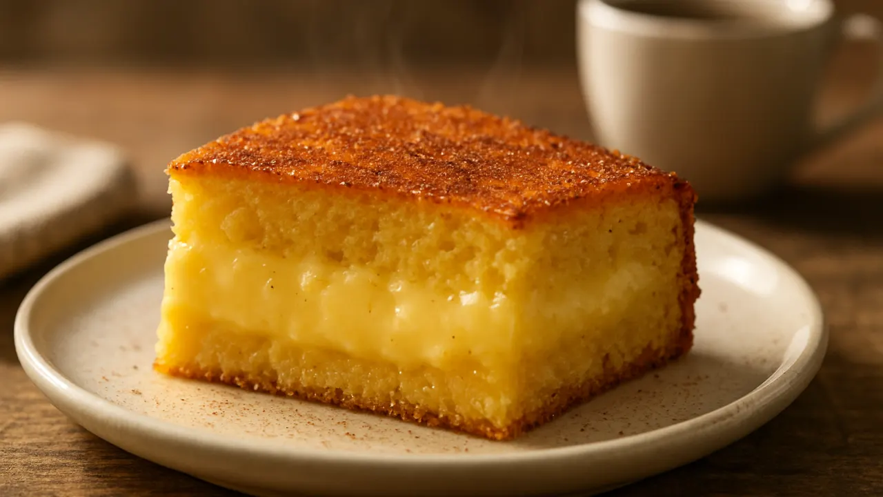 Fatia de bolo de fubá cremoso mostrando duas camadas — topo dourado e firme e interior cremoso e brilhante — servida em prato branco sobre mesa rústica com luz natural de fundo, polvilhada com canela; Bolo de fubá cremoso