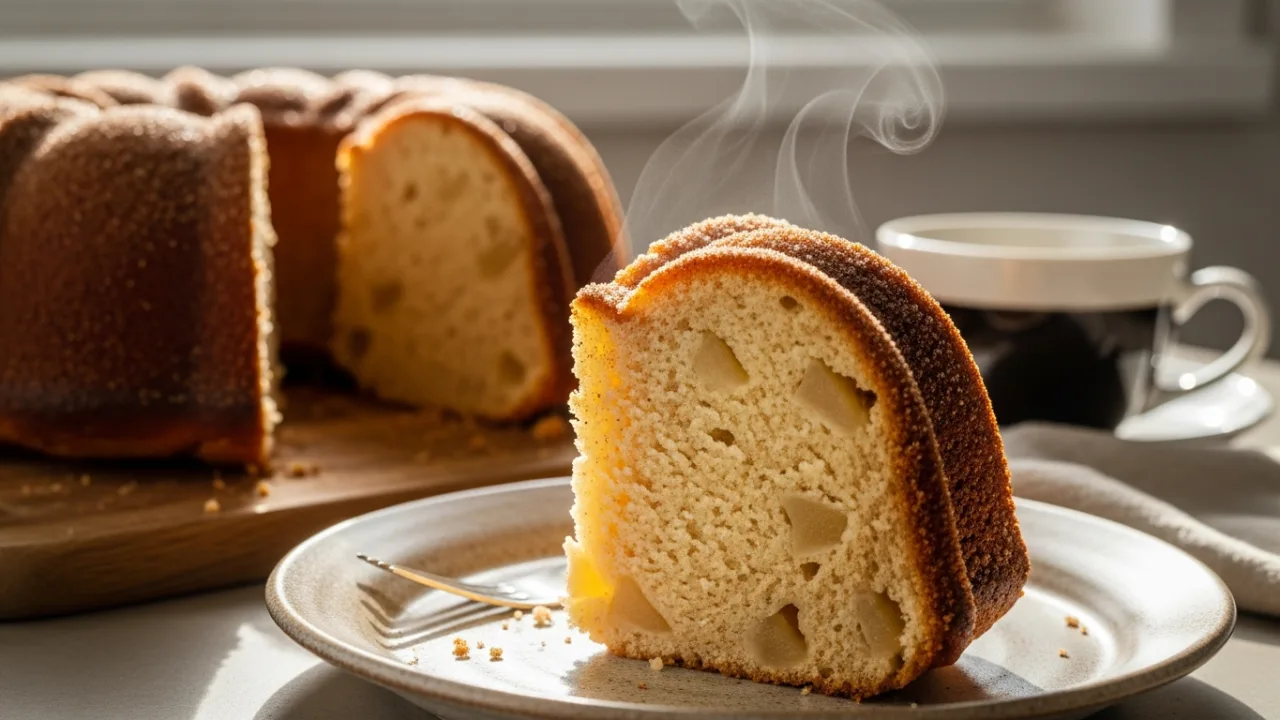 Close-up de uma fatia generosa de bolo de maçã com canela fofinho, mostrando o miolo úmido com pedaços de maçã e uma crosta dourada, servida em um prato rústico.