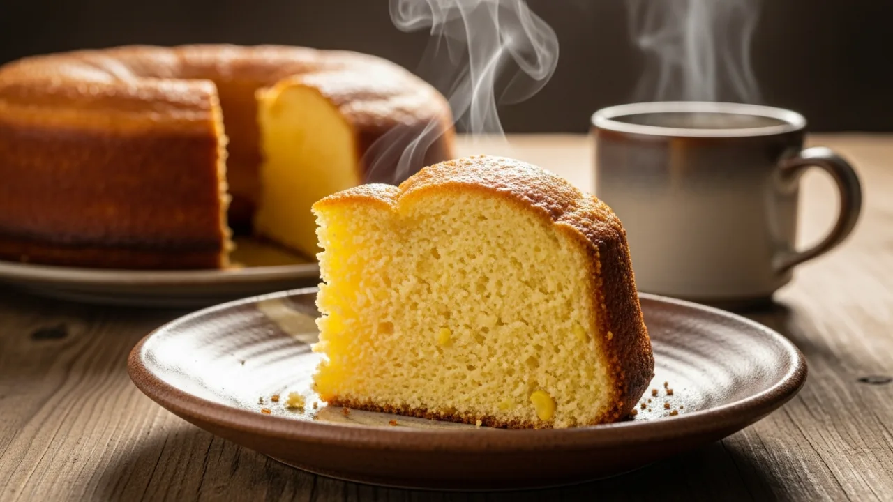 Fatia generosa de bolo de milho com flocão cremoso, com a textura úmida do miolo e a casquinha dourada visíveis, servida em um prato sobre uma mesa de madeira.
