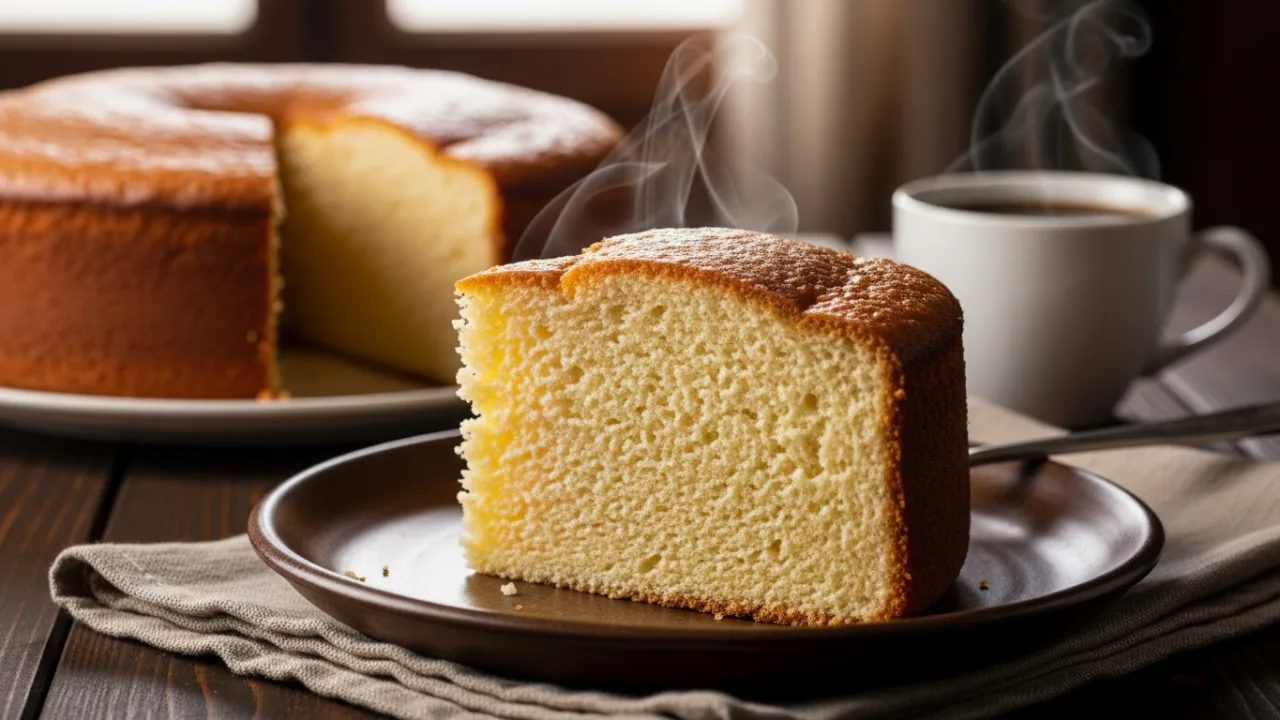 Close-up de uma fatia generosa de bolo liso simples e fofinho, exibindo um miolo claro e aerado, servida em um prato de cerâmica ao lado de uma xícara de café.