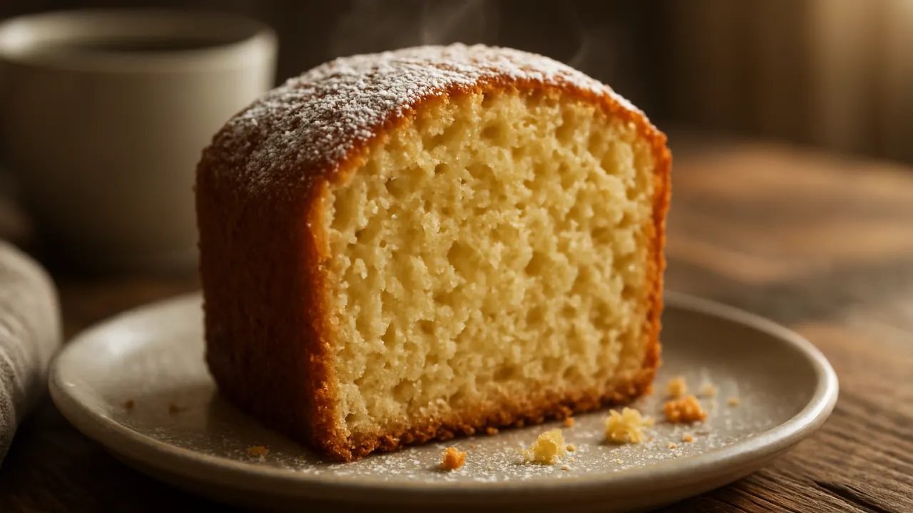 Close-up de uma fatia morna de bolo simples e fofo com miolo aerado e úmido e crosta dourada, migalhas visíveis e leve vapor, servida em prato rústico sobre mesa de madeira — receita de bolo simples e fofo.