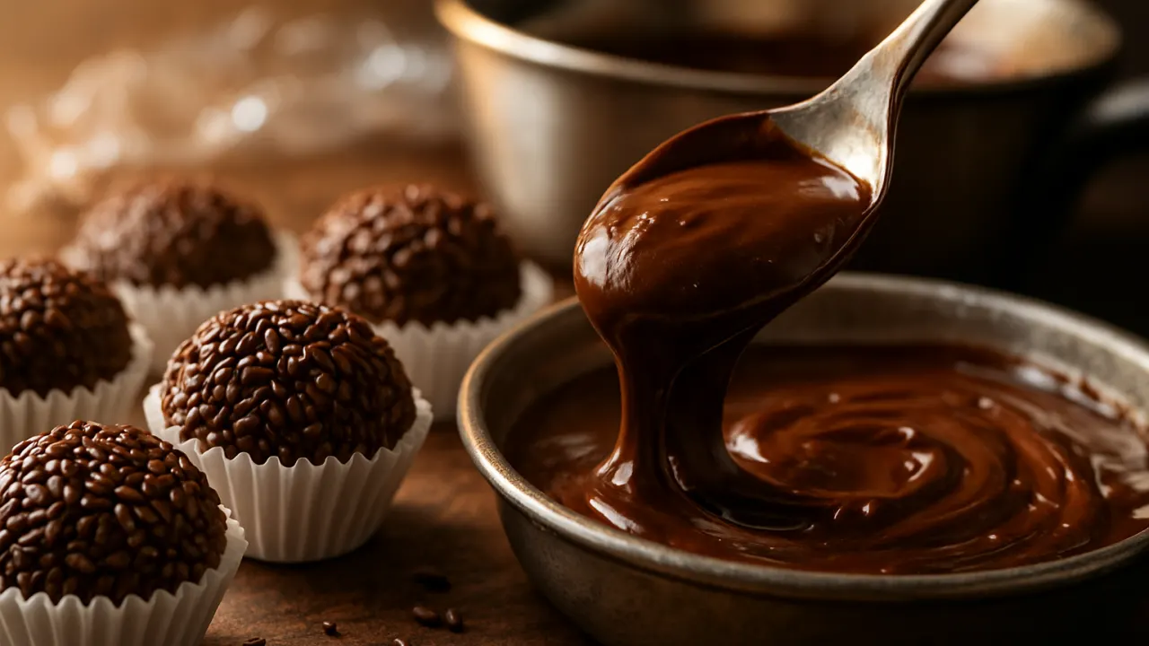 Close-up de brigadeiro fácil com leite condensado e cacau: bolinhas enroladas com brilho intenso e granulado de chocolate, uma colher mostrando interior cremoso, servidas em forminhas sobre mesa rústica.