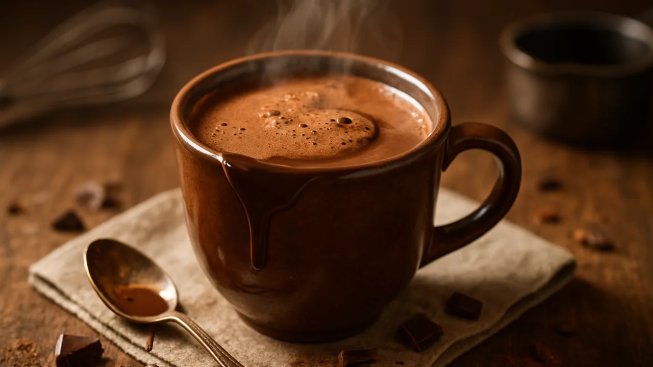 Caneca fumegante de chocolate quente cremoso com superfície brilhante e textura sedosa, vapor visível, lascas de chocolate e leve pitada de canela ao lado — Chocolate quente cremoso