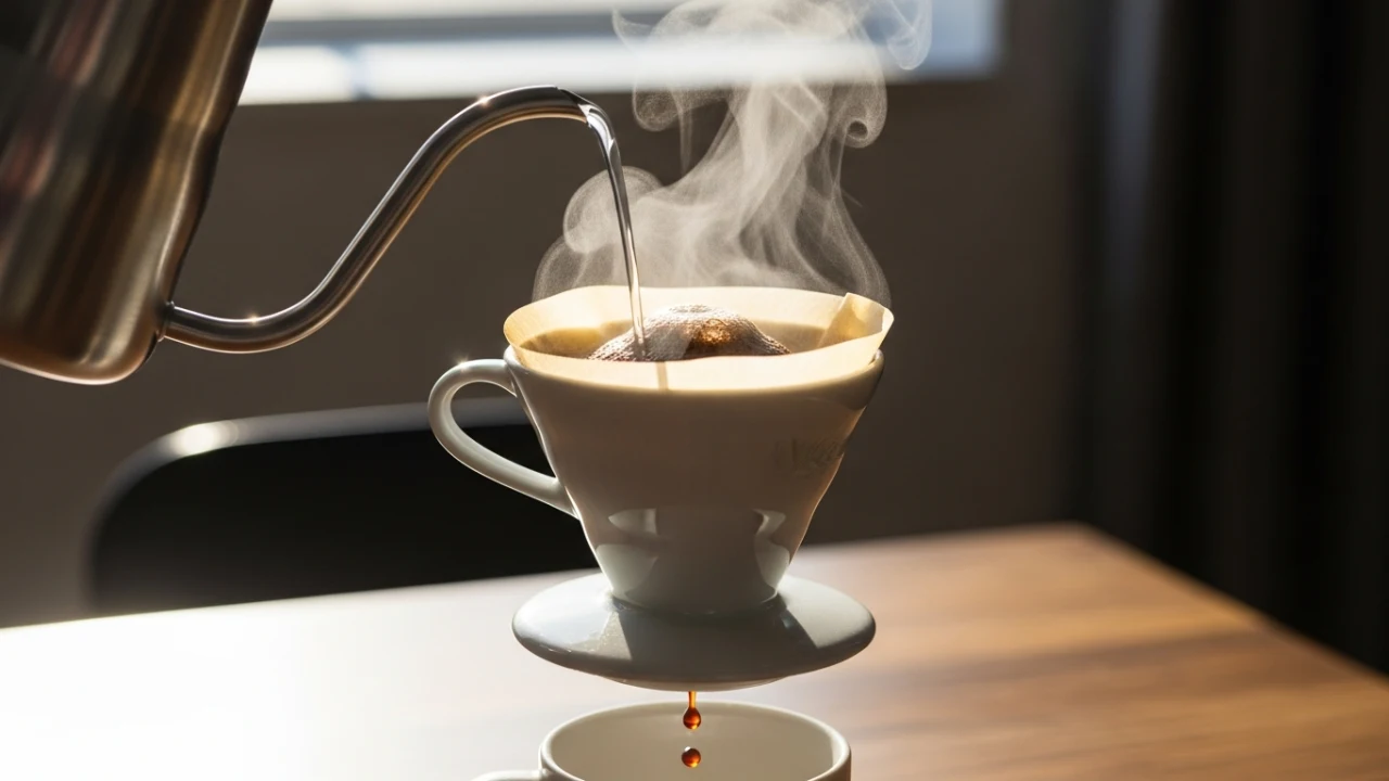 Close-up da preparação de um café coado perfeito, com água quente sendo despejada de uma chaleira em um filtro de papel e o café recém-passado caindo em uma xícara.
