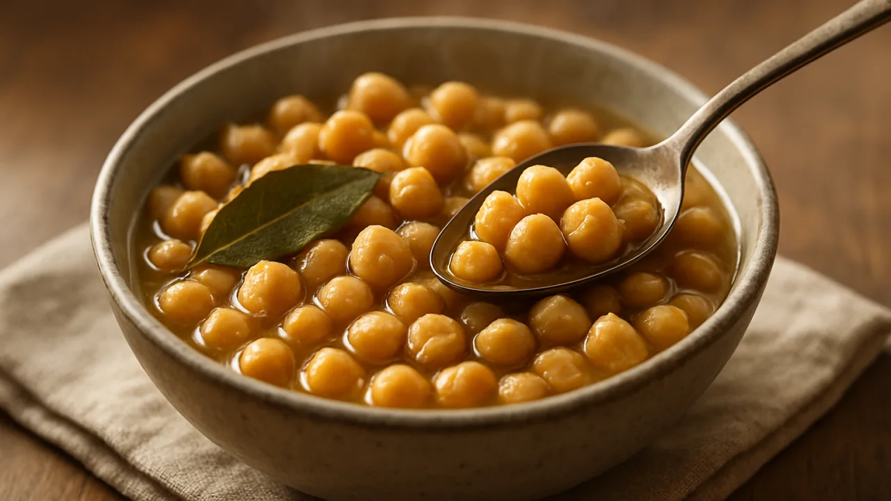 Close-up de uma tigela de grão de bico cozido brilhante em caldo dourado, grãos inteiros e alguns partidos mostrando interior cremoso, gotas de azeite e folha de louro visíveis, servido em tigela de cerâmica sobre mesa rústica — Como fazer grão de bico perfeito