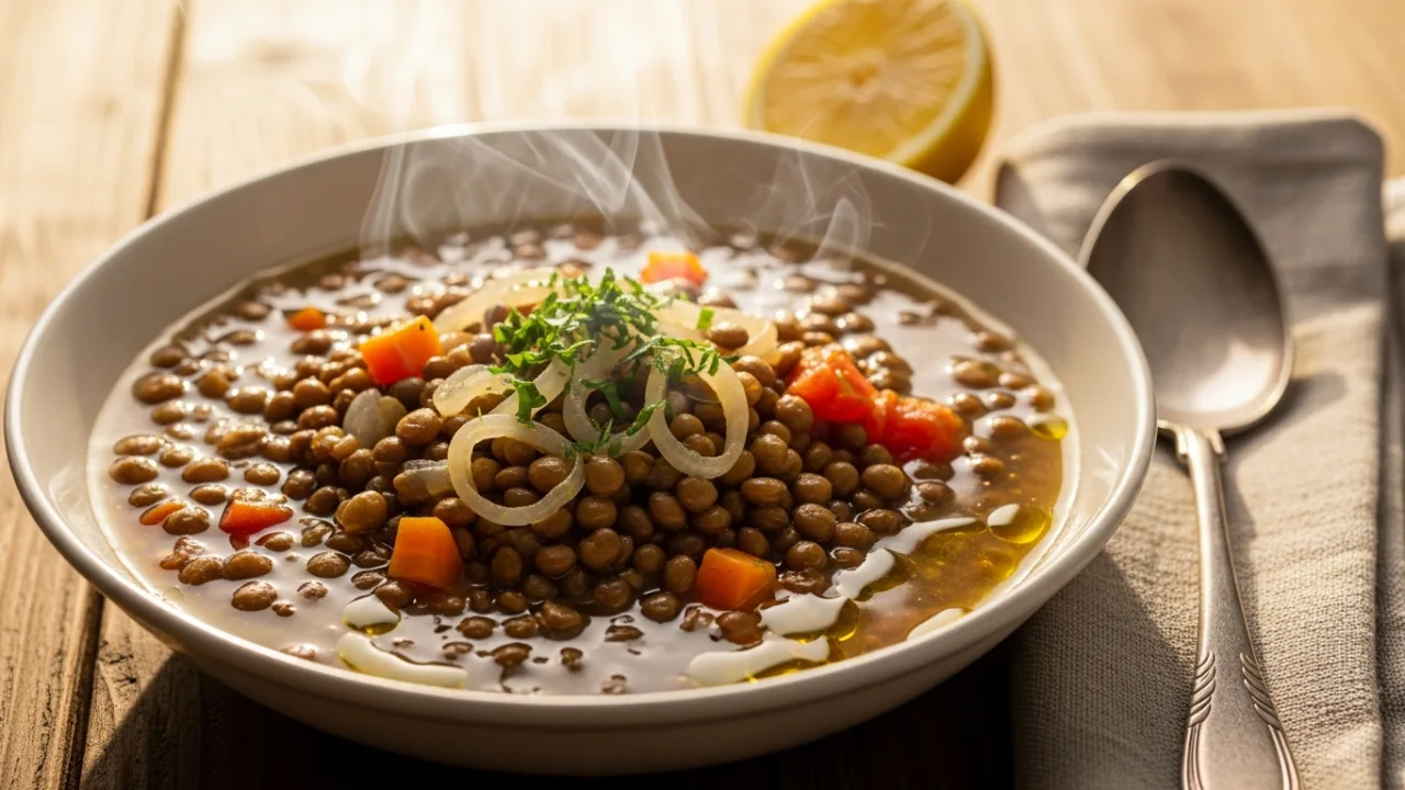 Tigela de lentilha com caldo aveludado e grãos inteiros, cubinhos de cenoura e tomate, vapor subindo e cheiro-verde por cima — Como fazer lentilha simples