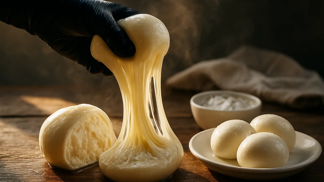 Close-up de mussarela caseira sendo esticada em fios elásticos brilhantes por uma mão, com bolas de mussarela em um prato sobre tábua rústica e luz natural de fundo — como fazer queijo mussarela caseiro