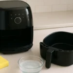 Como tirar gordura da airfryer: fritadeira aberta com cesto e cuba desmontados, esponja e água com detergente