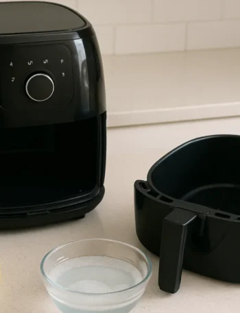 Como tirar gordura da airfryer: fritadeira aberta com cesto e cuba desmontados, esponja e água com detergente