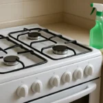 Fogão doméstico limpo e brilhando, exemplo de como tirar gordura do fogão com produtos simples ao lado.