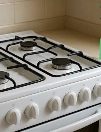 Fogão doméstico limpo e brilhando, exemplo de como tirar gordura do fogão com produtos simples ao lado.