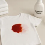 Como tirar ketchup de roupa branca: camiseta manchada, roupas dobradas, detergente neutro e tigela com água na lavanderia