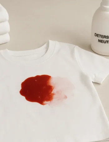 Como tirar ketchup de roupa branca: camiseta manchada, roupas dobradas, detergente neutro e tigela com água na lavanderia