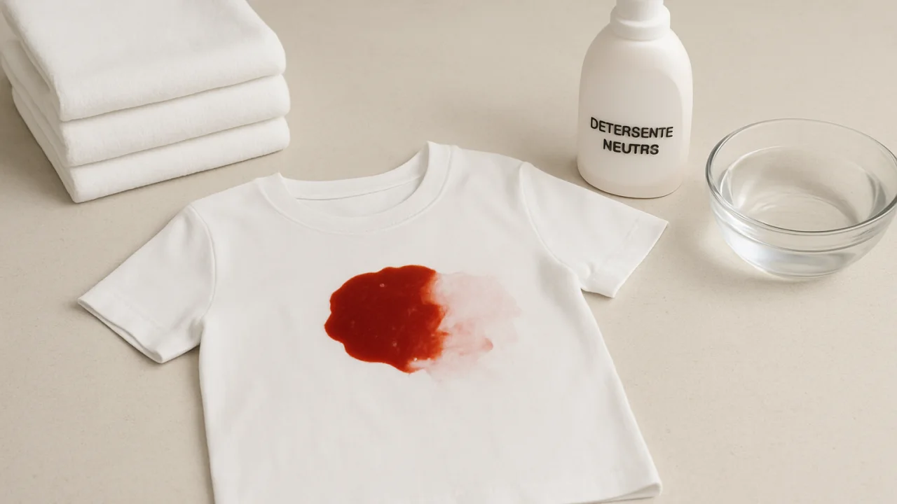 Como tirar ketchup de roupa branca: camiseta manchada, roupas dobradas, detergente neutro e tigela com água na lavanderia