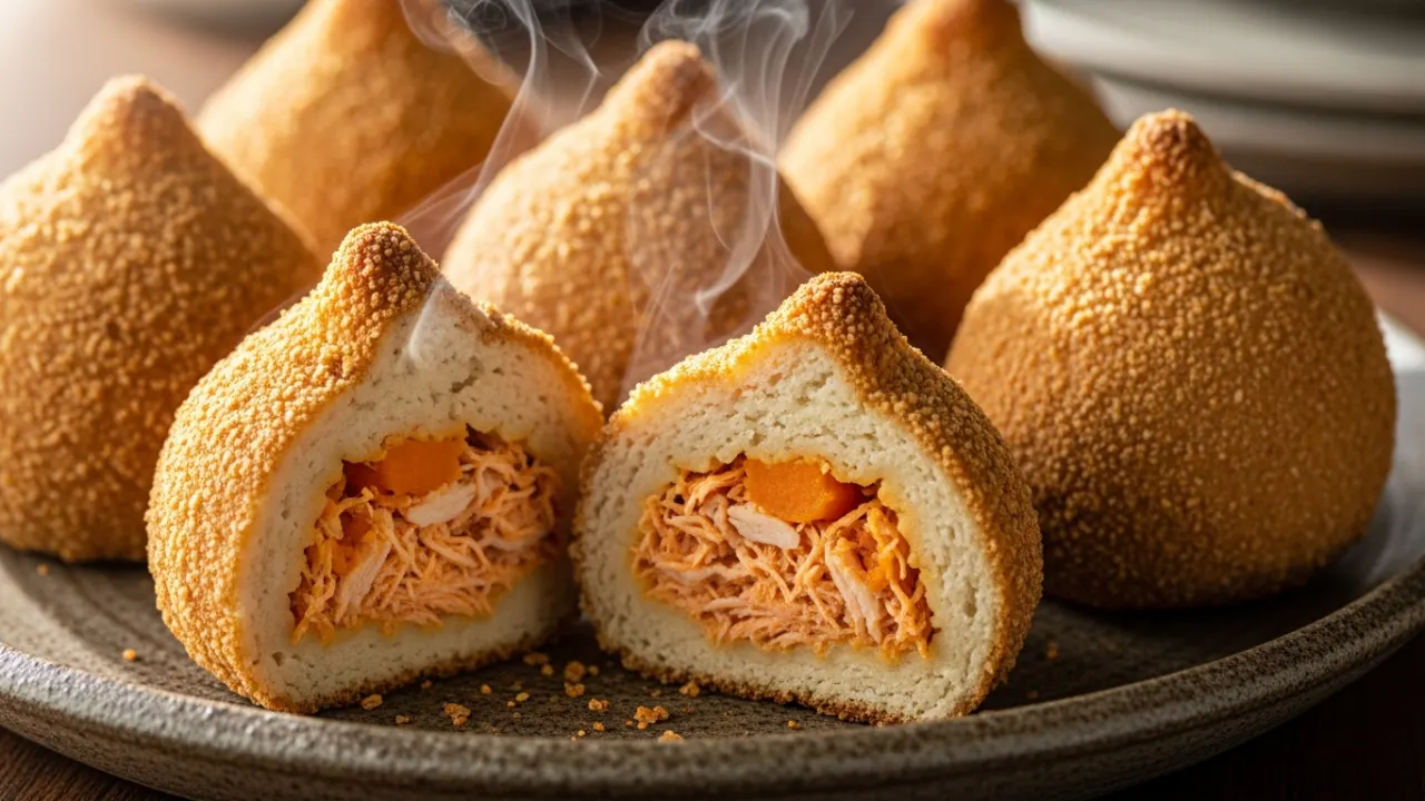Close-up de coxinhas fit assadas e douradas servidas em um prato. Uma das coxinhas está cortada ao meio, mostrando o recheio cremoso de frango.
