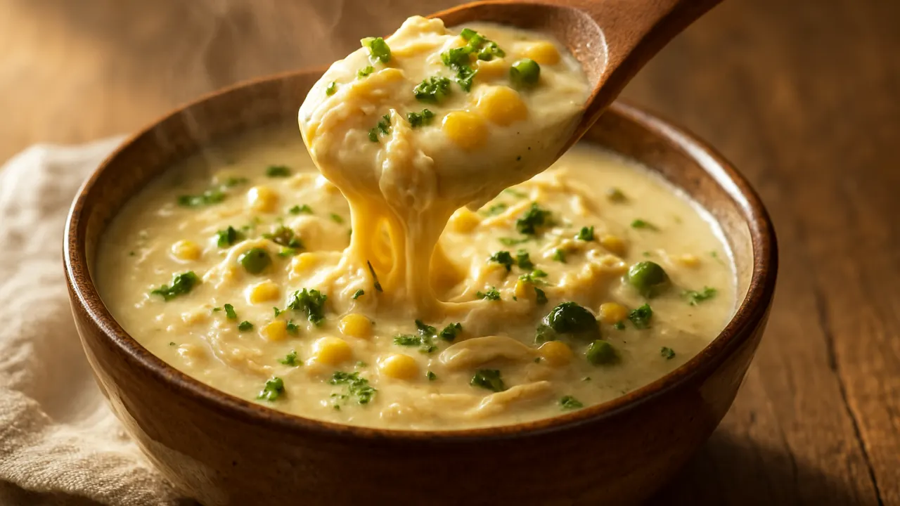 Close-up de uma tigela de creme de galinha cremoso e aveludado com frango desfiado, milho, ervilha e azeitonas, vapor subindo e uma colher levantada com o creme escorrendo, finalizado com cheiro-verde — creme de galinha cremoso.