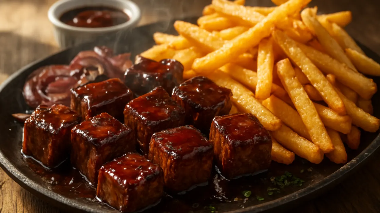 Close-up de cubos suculentos de filé mignon selados e envolvidos em molho barbecue brilhante, com fumaça leve e cebola roxa caramelizada ao lado de batatas fritas palito douradas e crocantes — Entrada filé com fritas coco bambu.