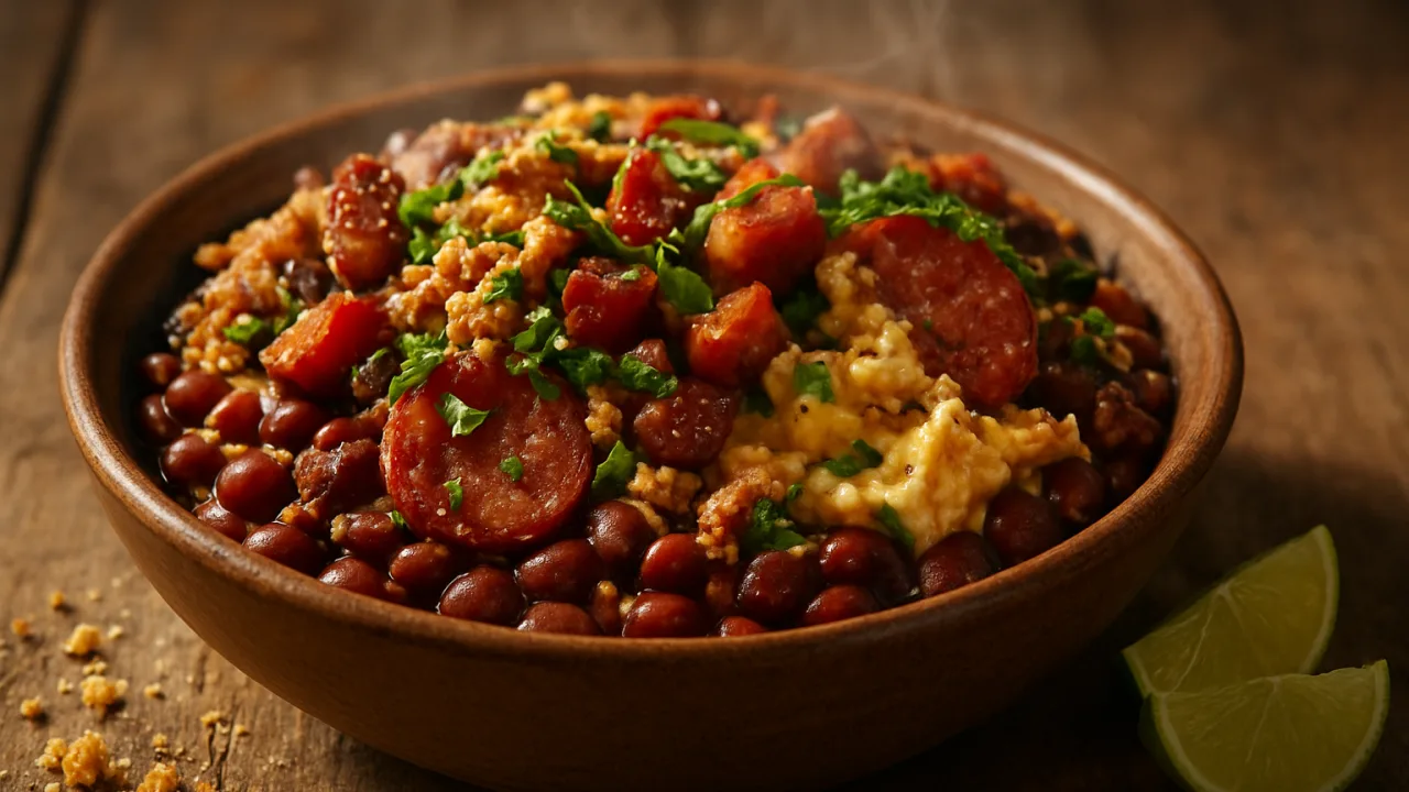 Close-up de feijão tropeiro mineiro soltinho em tigela rústica com feijão brilhante, farofa dourada, bacon crocante, rodelas de calabresa, ovos mexidos macios, couve fatiada e vapor visível, prato servido com gomos de limão - feijão tropeiro mineiro soltinho