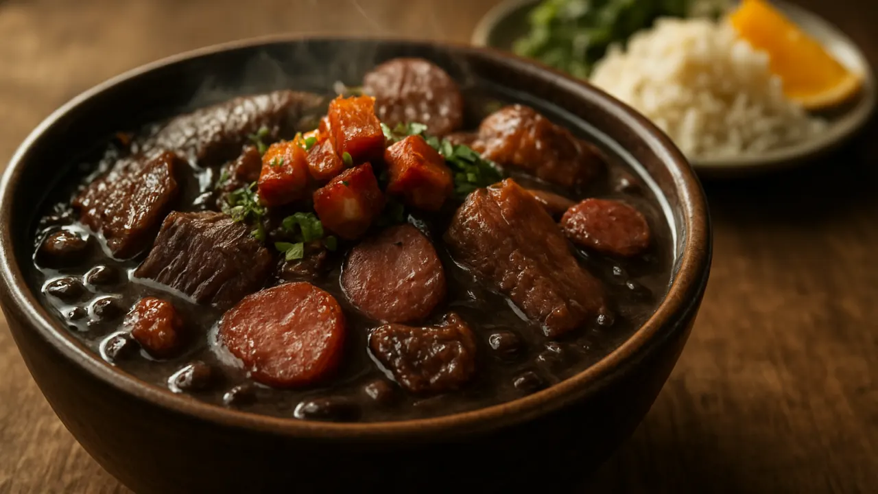 Feijoada em tigela rústica com caldo escuro e aveludado, pedaços suculentos de carne-seca, costelinha, paio e calabresa visíveis, vapor subindo, servida com arroz, couve refogada e rodelas de laranja — Feijoada bem brasileira: o truque simples que deixa o caldo aveludado