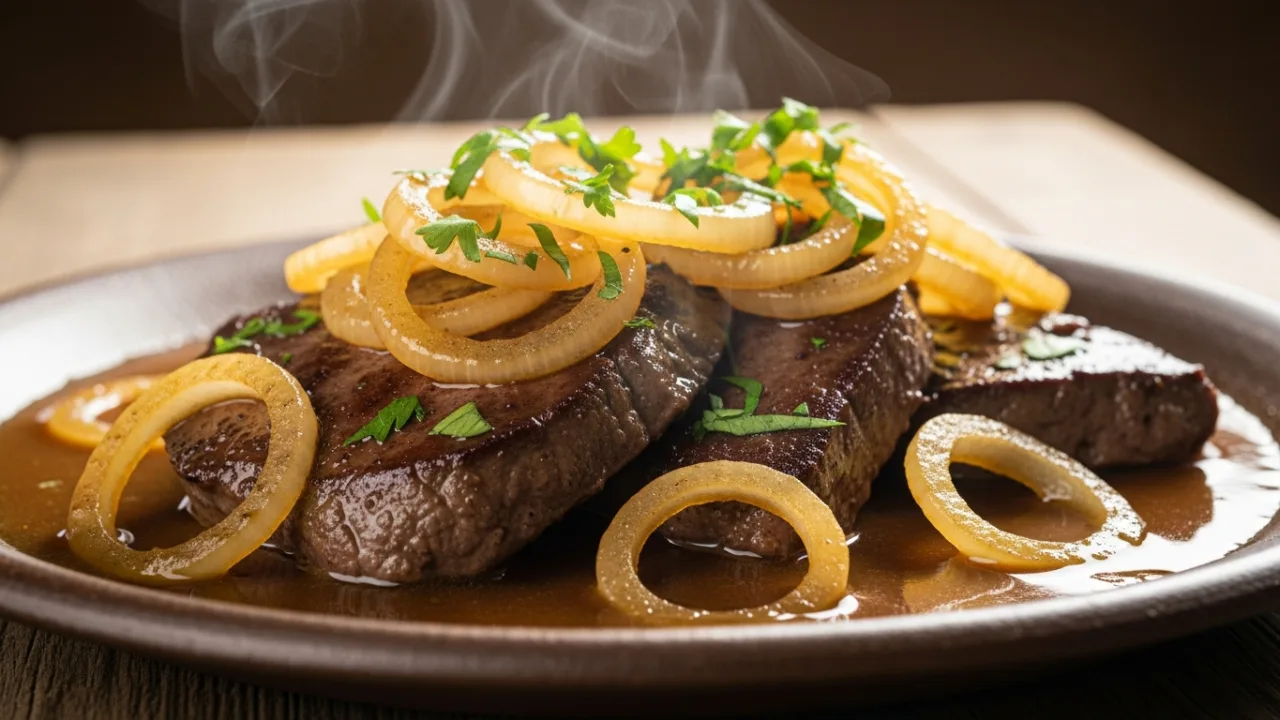 Prato de fígado acebolado suculento com bifes dourados e macios, cobertos por muitas rodelas de cebola caramelizada e finalizado com cheiro-verde fresco.