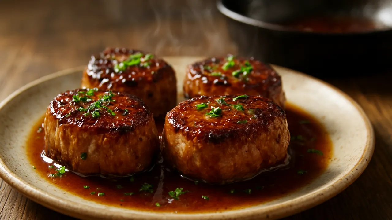Close-up de medalhões de filé mignon suíno dourados com crosta caramelizada, molho brilhante na frigideira, leve fumaça e salsinha por cima — Filé mignon suíno douradinho.