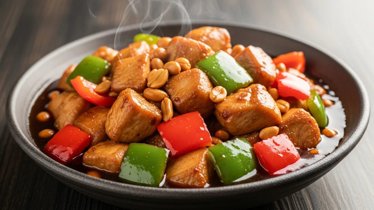 Close-up de um prato de frango xadrez suculento, mostrando cubos de frango dourados, pedaços de pimentão vermelho e verde, e amendoim, todos cobertos por um molho shoyu escuro e brilhante.