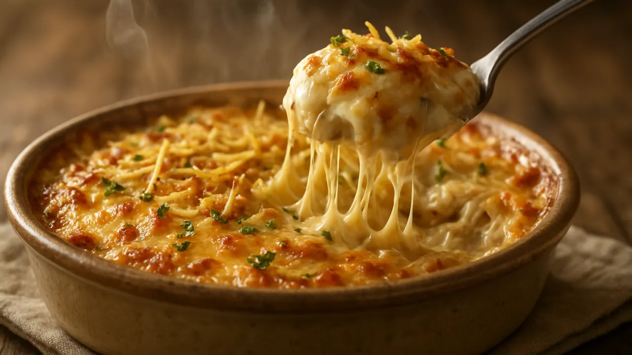 Refratário com fricassê de frango cremoso e cobertura gratinada de muçarela dourada, porção sendo levantada com colher mostrando frango desfiado e creme aveludado, batata palha crocante polvilhada por cima — Fricassê de Frango cremoso e fácil