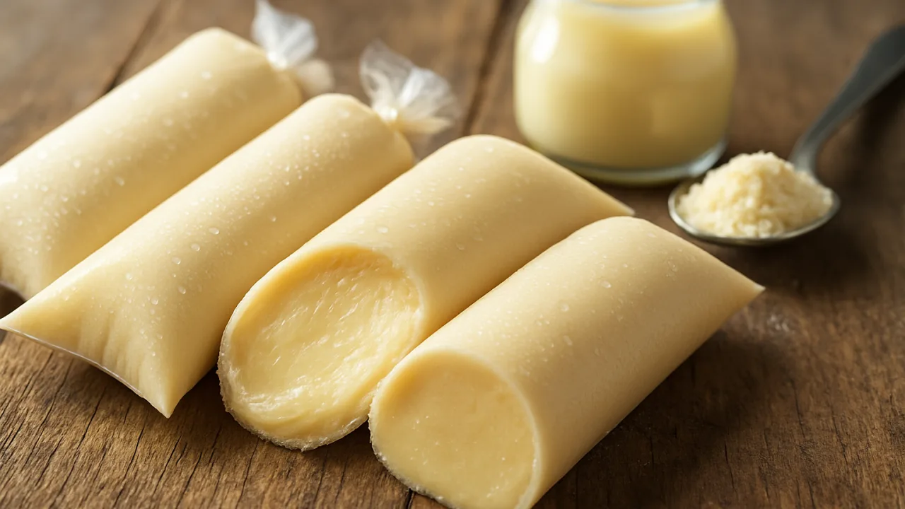 Close-up de geladinho gourmet cremoso de leite Ninho em saquinhos plásticos, um cortado mostrando interior aveludado sem cristais e gotas de condensação, luz natural de fundo realçando a textura — receita de geladinho gourmet cremoso