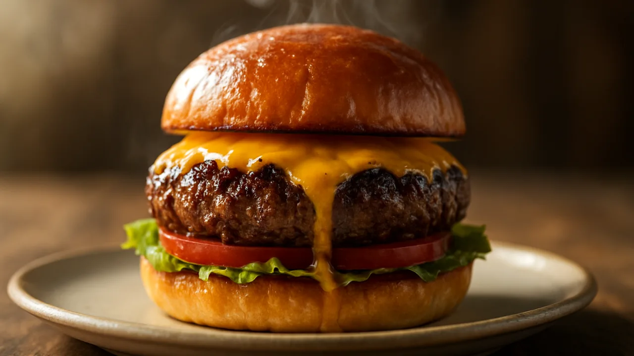 Close-up de hambúrguer artesanal suculento com casquinha dourada, sucos brilhantes e queijo cheddar derretido escorrendo no pão tostado, alface e tomate ao lado, servido em prato sobre mesa rústica com luz natural por trás e leve fumaça ao fundo — Hambúrguer artesanal suculento