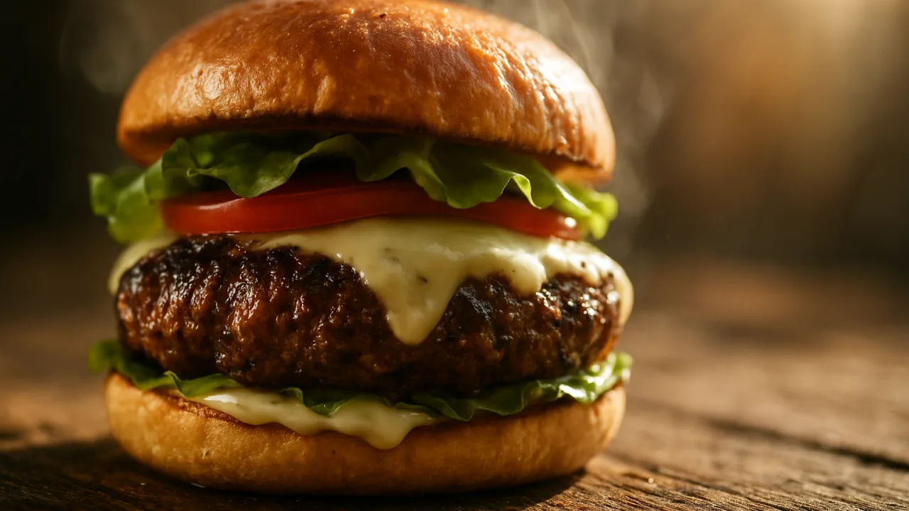 Close-up de hambúrguer artesanal suculento com crosta dourada e carnes brilhando, queijo prato derretido escorrendo, servido em pão morno com maionese, alface crespa e rodelas de tomate — Hambúrguer artesanal suculento.