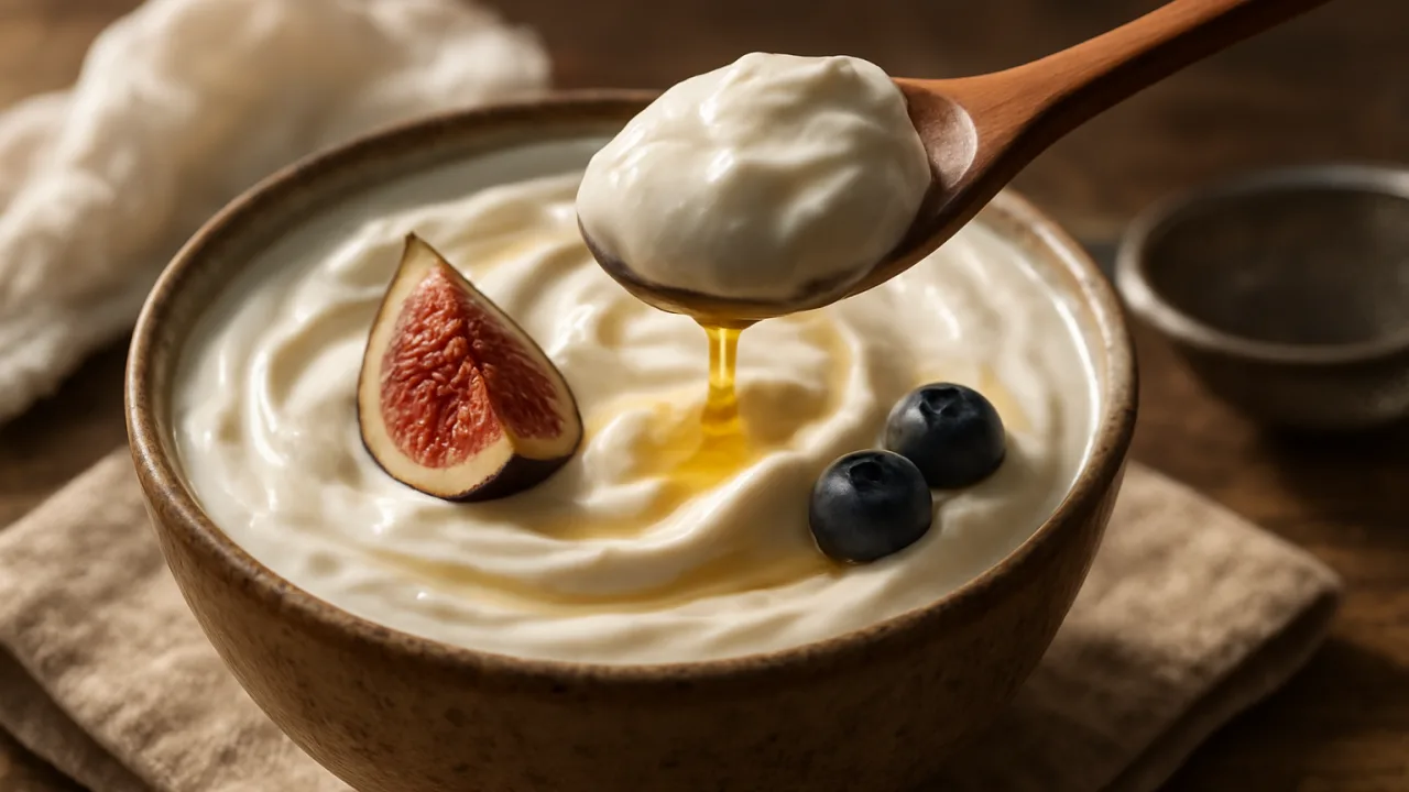 Taça de iogurte grego caseiro denso e cremoso em close-up, colher levantando uma porção firme com textura aveludada e mel escorrendo, servido em tigela de cerâmica sobre mesa rústica com gaze ao lado — Iogurte grego: o truque cremoso que vira vício com 2 ingredientes