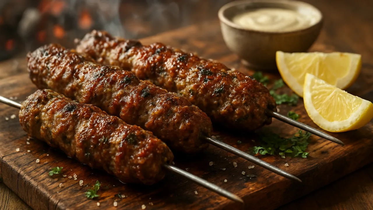 Close-up de kaftas no espeto grelhadas com marcas de carvão e crosta dourada, suculentas e com fumaça leve ao fundo, servidas em tábua de madeira com fatias de limão e molho de iogurte — kafta no espeto suculenta.