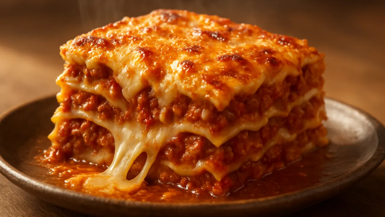 Fatia de lasanha à bolonhesa suculenta com camadas visíveis de massa, molho bolonhesa encorpado com carne dourada, molho branco cremoso e queijo gratinado dourado, bordas borbulhando e vapor, servida em travessa rústica — lasanha à bolonhesa suculenta.