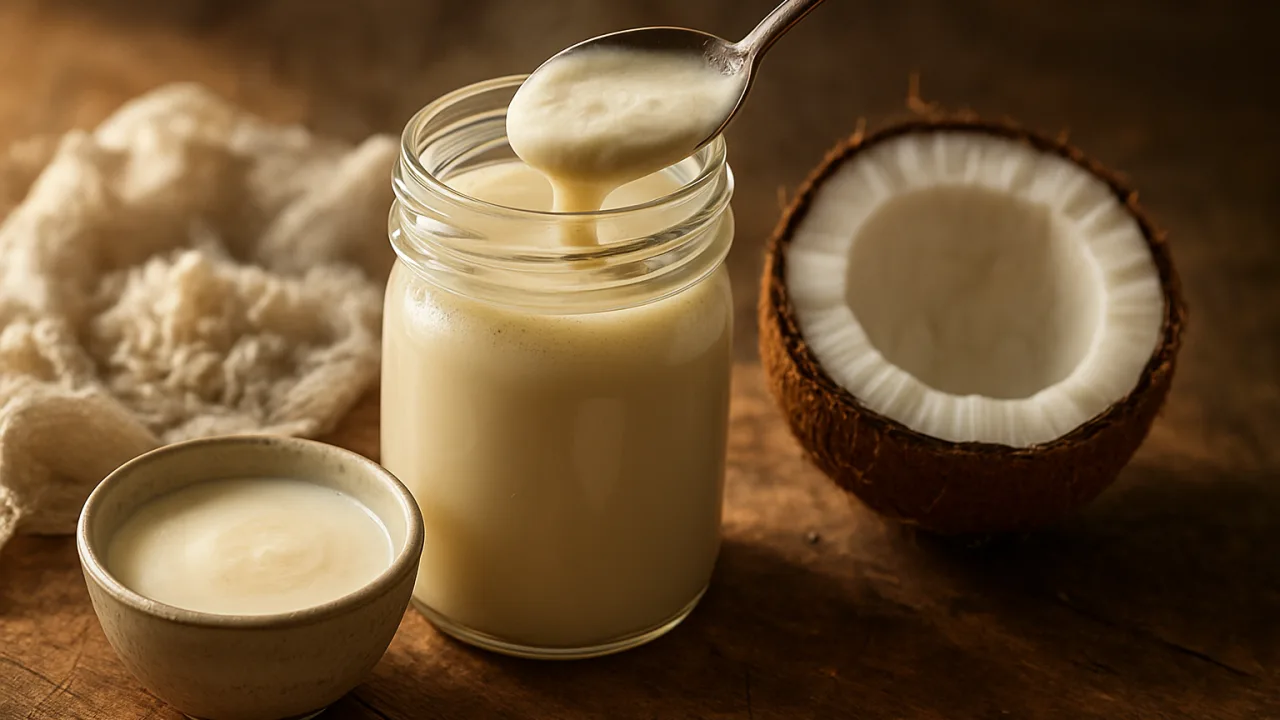 Frasco de vidro com leite de coco caseiro cremoso, camada de creme visível e gotas nas bordas; colher retirando um fio de leite, pano coador com bagaço de coco e meia casca de coco sobre mesa de madeira iluminada por luz natural de fundo — leite de coco caseiro