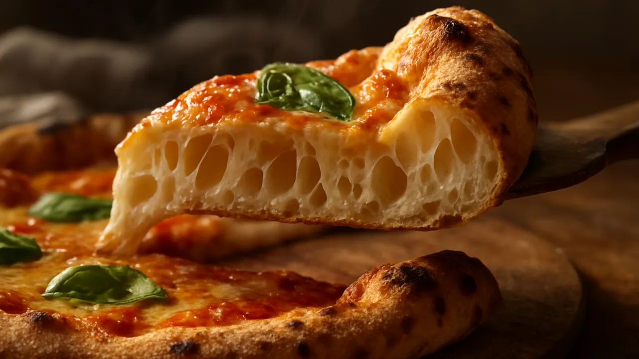 Close-up de uma fatia de pizza sendo levantada com borda dourada e bolhas aeradas que mostram o interior macio e elástico, brilho de azeite e vapor, destacando a massa de pizza caseira: o truque da maciez que ninguém te conta.