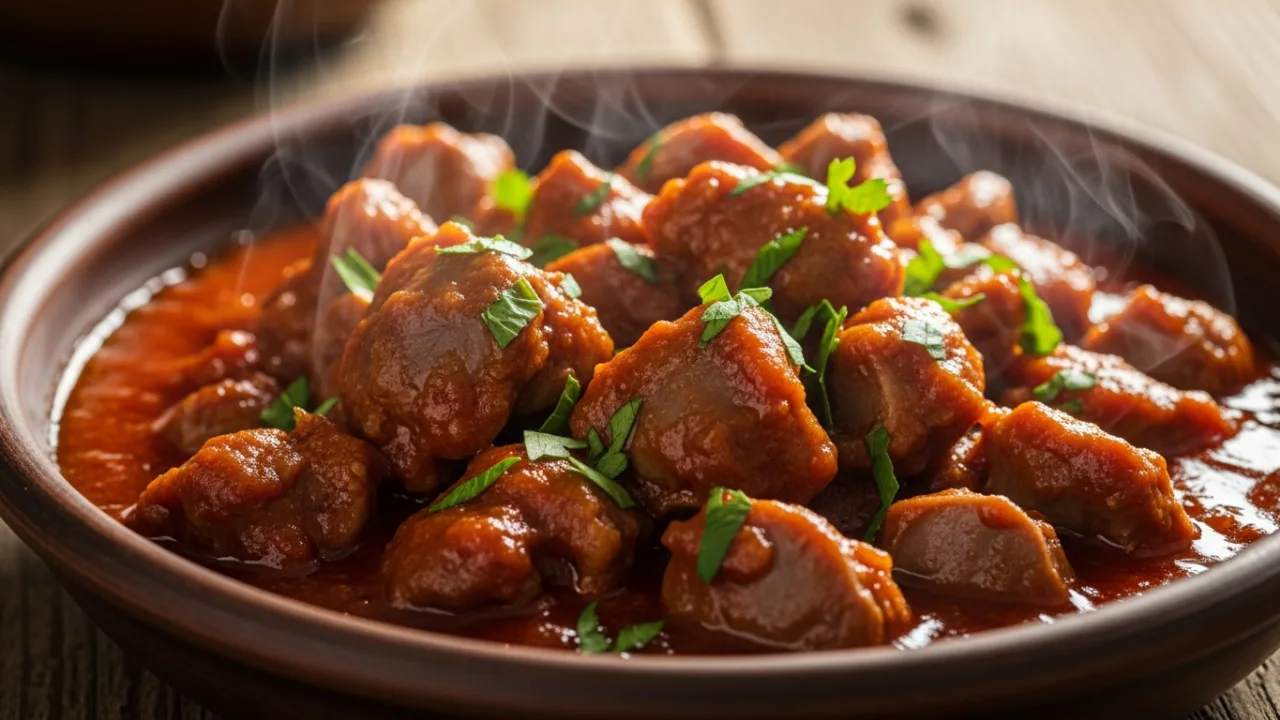 Close-up de moela de frango bem macia cozida na panela de pressão, servida com molho vermelho encorpado e brilhante com cheiro-verde.