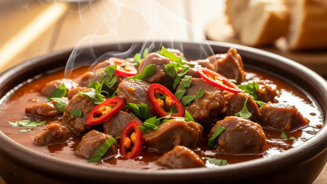 Close-up de uma porção de moela na pressão macia mergulhada em molho encorpado e brilhante, finalizada com cheiro-verde fresco.