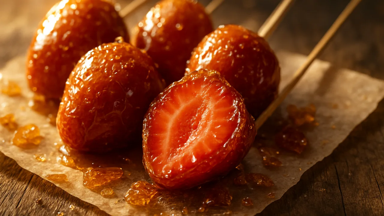 Close-up de morangos morango do amor crocantes com casquinha de caramelo brilhante e estaladiça; um morango cortado mostra o interior suculento, servidos com palitos sobre papel-manteiga em mesa rústica - Morango do amor crocante.