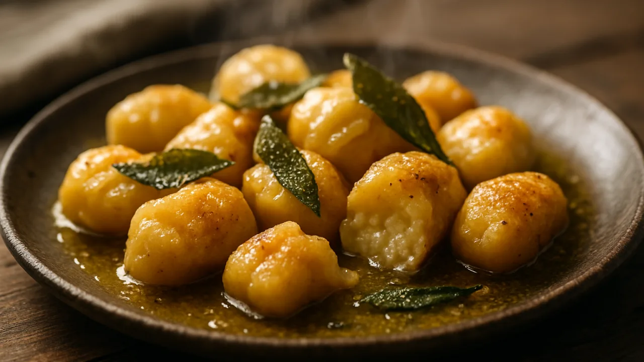 Close-up de nhoque de mandioca salteado na manteiga com folhas de sálvia, interior macio visível e brilho do molho, Nhoque de mandioca irresistível: o truque para ficar leve e macio