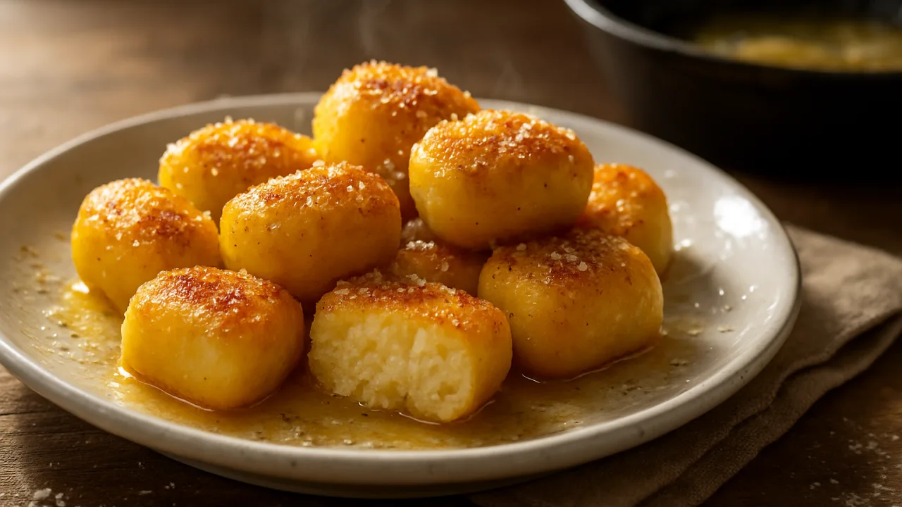 Close-up de nhoque de mandioquinha douradinho com crosta dourada de manteiga, interior macio visível em um pedaço cortado, parmesão ralado e vapor suave, servido em prato rústico sobre mesa de madeira. Nhoque de mandioquinha douradinho