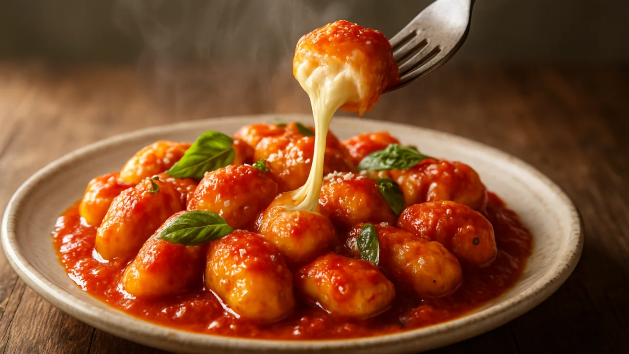 Close-up de nhoque recheado com muçarela derretida escorrendo, molho de tomate brilhante, vapor subindo e folhas de manjericão, servido em prato rústico — receita de nhoque recheado com queijo que não vaza.