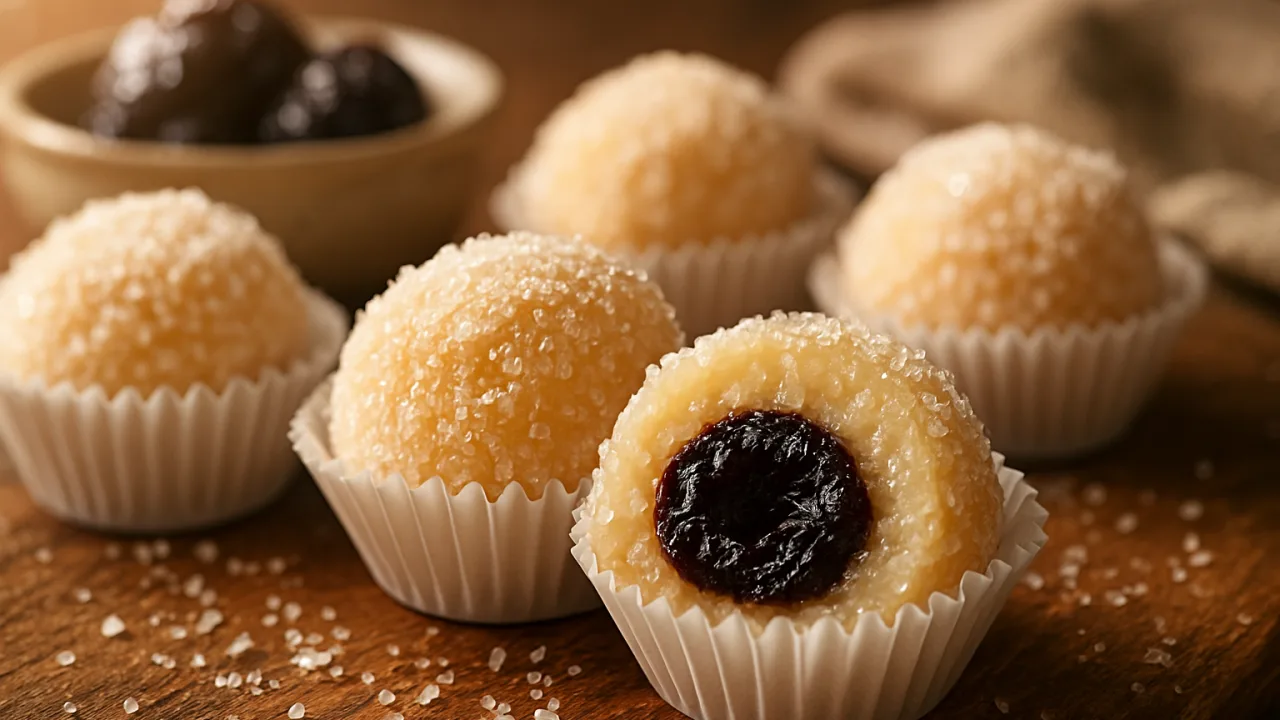 Close-up de olhos de sogra caseiros cobertos com coco ralado e açúcar cristal, um docinho cortado mostrando a ameixa preta macia e brilhante no centro, dispostos em forminhas de papel sobre mesa rústica iluminados por luz natural de fundo — olho de sogra caseiro
