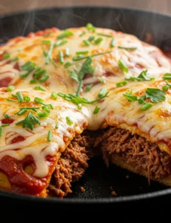 Close-up de panquecas de carne de sol em uma frigideira, com queijo muçarela derretido e dourado por cima, molho de tomate vibrante e cheiro-verde salpicado.