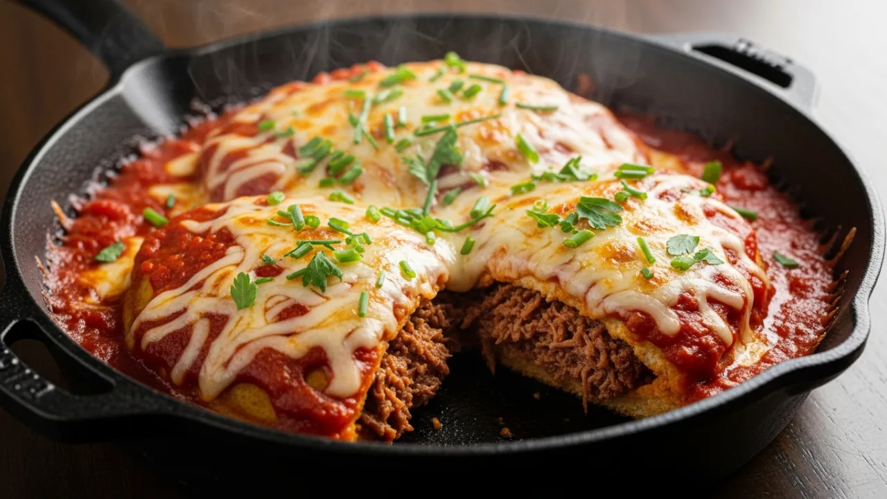 Close-up de panquecas de carne de sol em uma frigideira, com queijo muçarela derretido e dourado por cima, molho de tomate vibrante e cheiro-verde salpicado.
