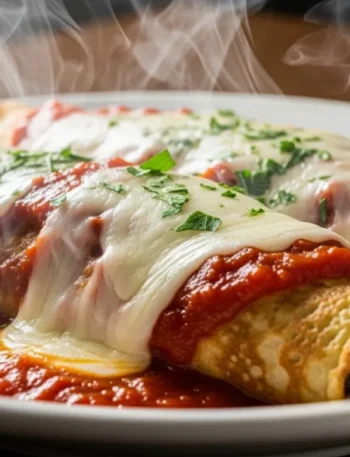 Close-up de duas panquecas de carne moída enroladas e servidas em um prato, com um generoso molho de tomate vermelho, queijo muçarela derretido e cheiro-verde picado por cima.