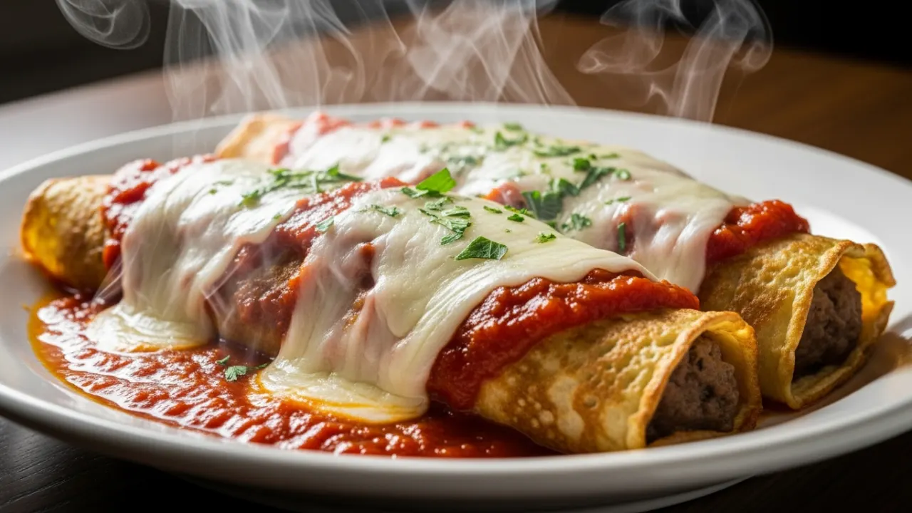 Close-up de duas panquecas de carne moída enroladas e servidas em um prato, com um generoso molho de tomate vermelho, queijo muçarela derretido e cheiro-verde picado por cima.